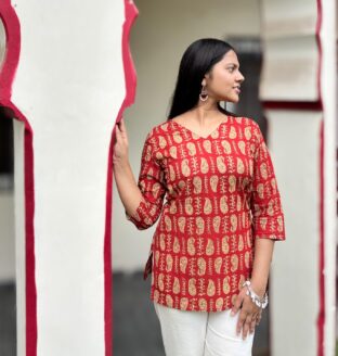 Kashvi Red Heritage Print Cotton Kurti